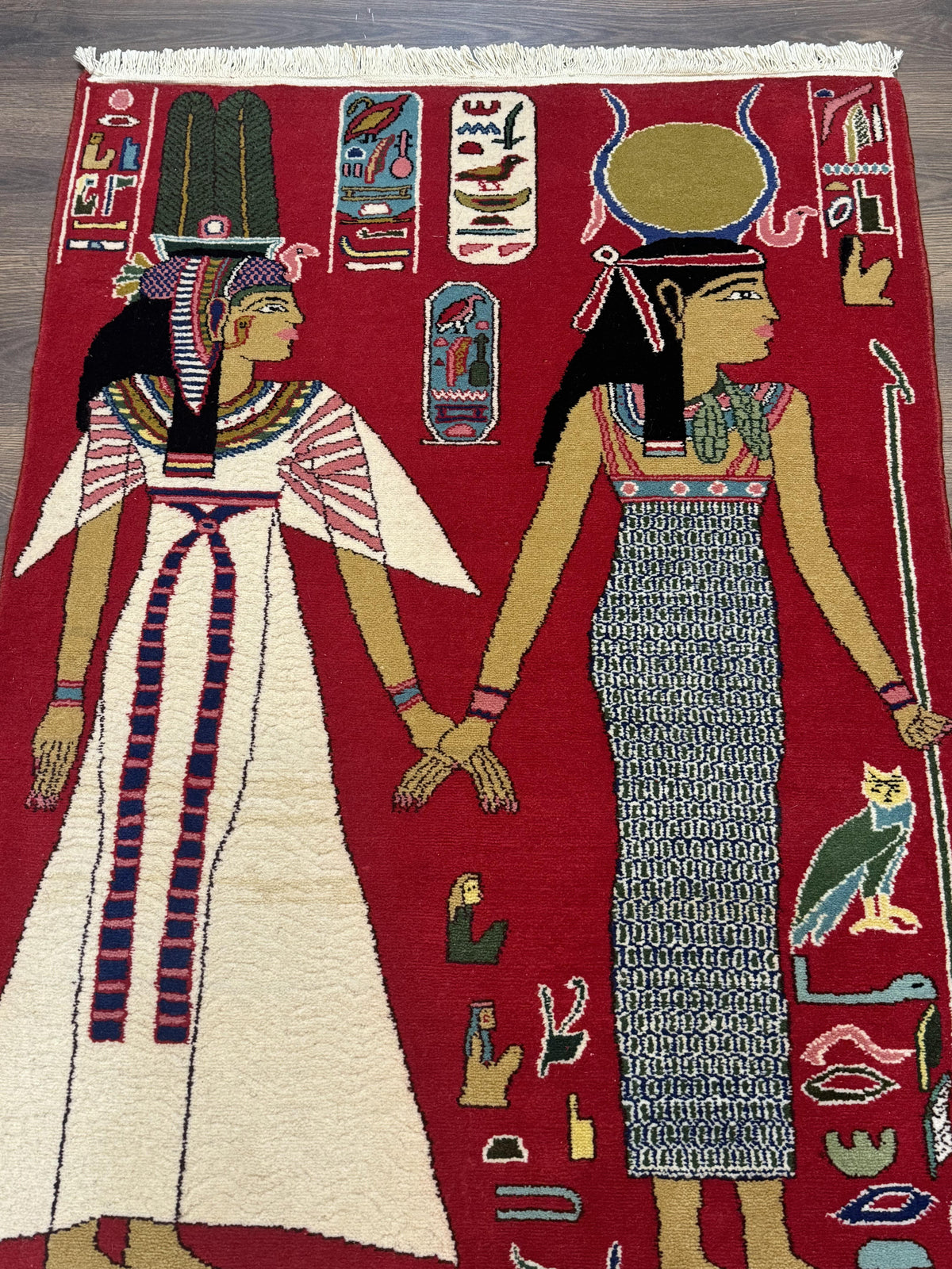 Egyptian Pictorial Rug 3x4, Hieroglyphic Pictorial Rug, Egyptian Prince and Princess, Cleopatra, Vintage Handmade, Red - Jewel Rugs, view 13