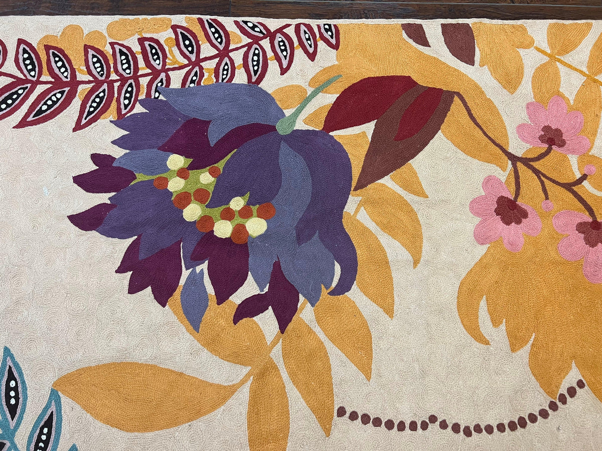 Indian Chain Stitched Rug 4x6, Hand Stitched Indian Embroidery Carpet, Large Floral Design, Contemporary, Cream and Colorful Flowers, Wool - Jewel Rugs, view 3