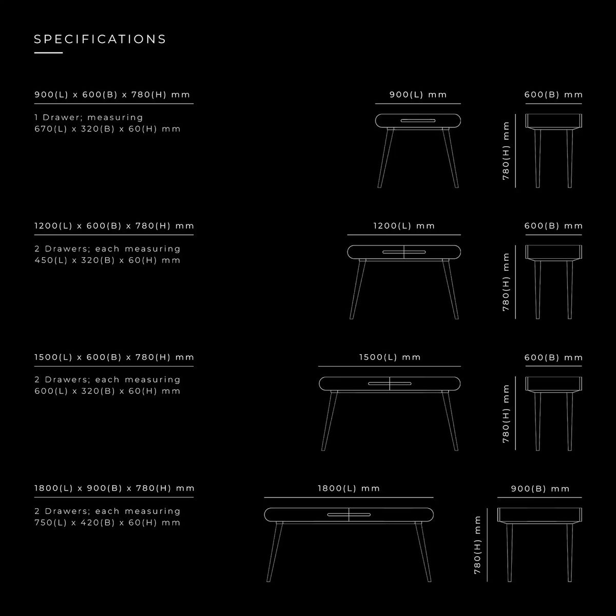 Loop Work Table by BEC Furniture — dimensioned specification drawing