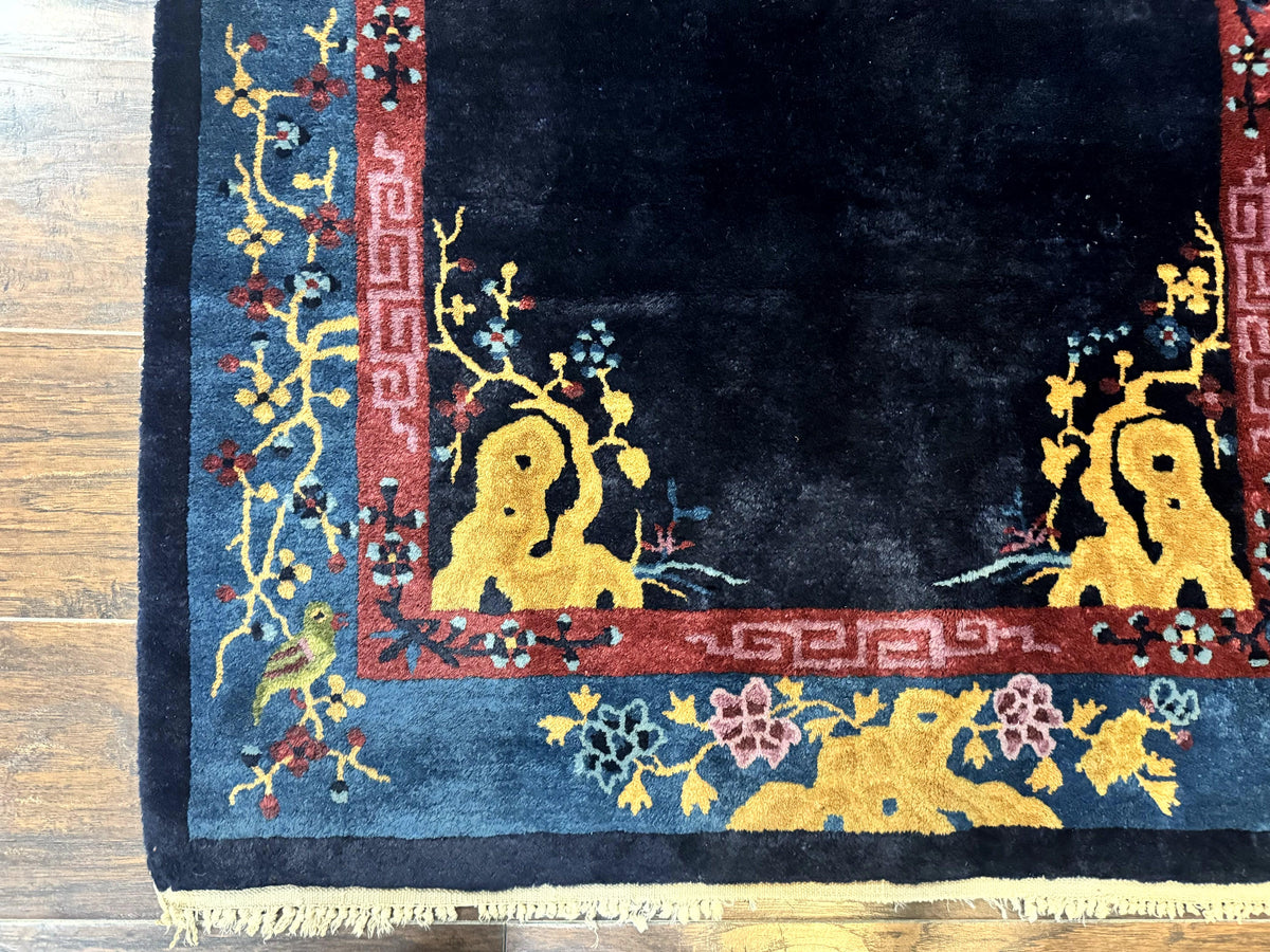 Antique Chinese Peking Rug 3x6, Dark Blue, Bird Motif, Handmade Wool Art Deco Asian Oriental Carpet, Pair B - Jewel Rugs, view 9