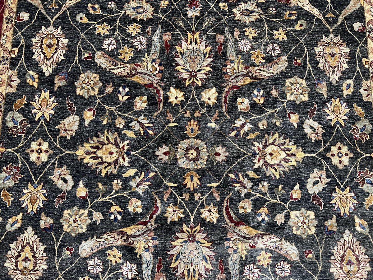 Pak Persian Mahal Rug 9x12, Allover Floral Pakistani Oriental Carpet 9 x 12, Wool Hand Knotted Area Rug, Dark Slate Gray-Black and Maroon - Jewel Rugs, view 5