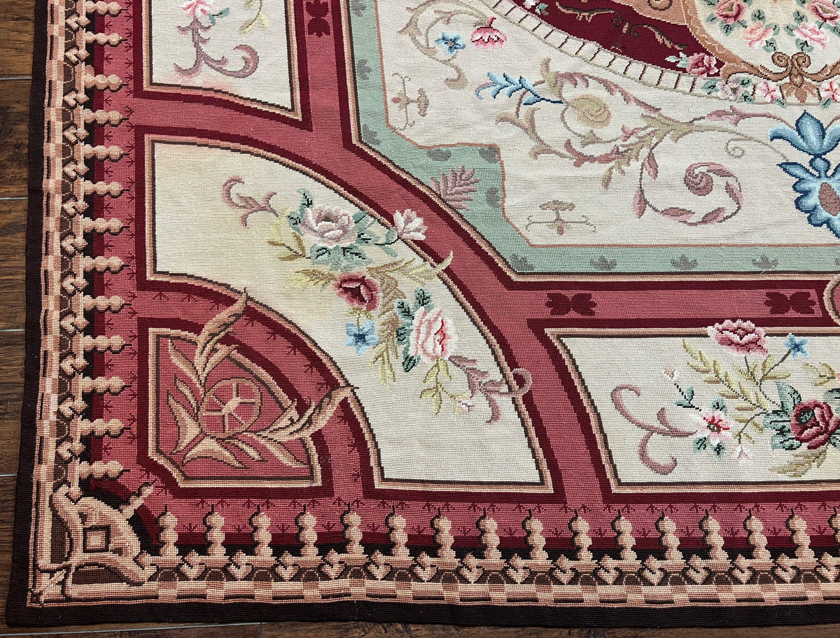 Needlepoint Rug 7.9 x 9, Beige Maroon Rose, Handmade Handwoven Flatweave Aubusson Savonnerie French European Elegant Carpet, Wool Rug - Jewel Rugs, view 9