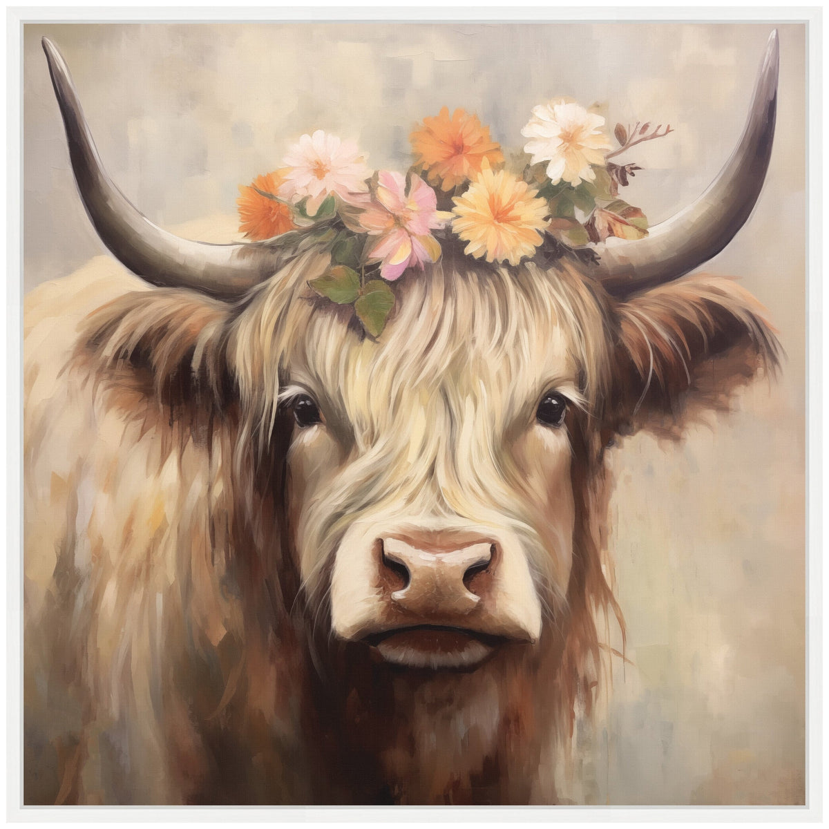 Sylvie Adorable Floral Boho Highland Cow Framed Canvas by The Creative Bunch Studio