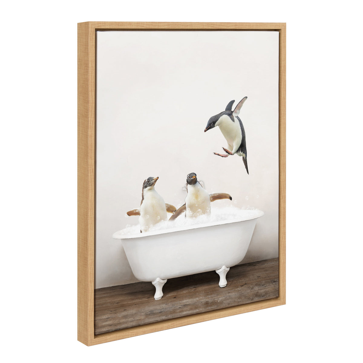 Sylvie Penguins Playing in Rustic Bath Framed Canvas by Amy Peterson Art Studio