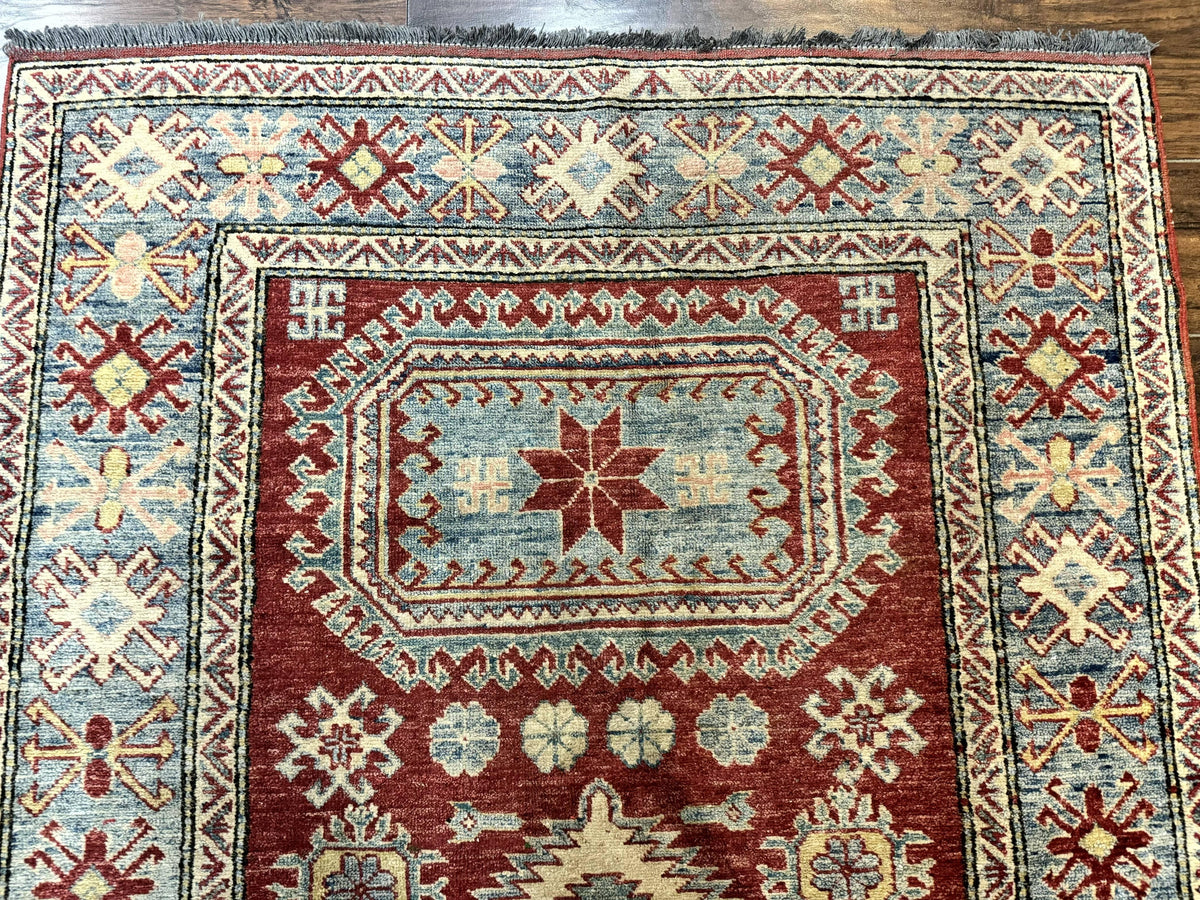 Turkish Kazak Rug 4x6, Handmade Vintage Wool Carpet, Geometric Design, Red and Light Blue - Jewel Rugs, view 4
