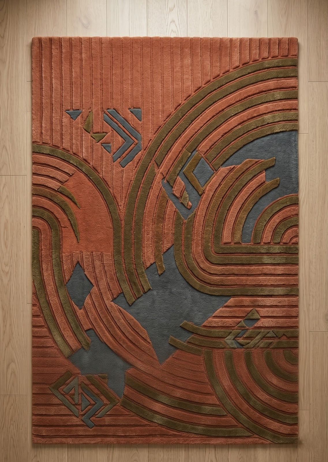 Art Deco Archways Hand Tufted Wool Rug | Terracotta & Slate Blue Geometric Area Rug — 2x3 ft'