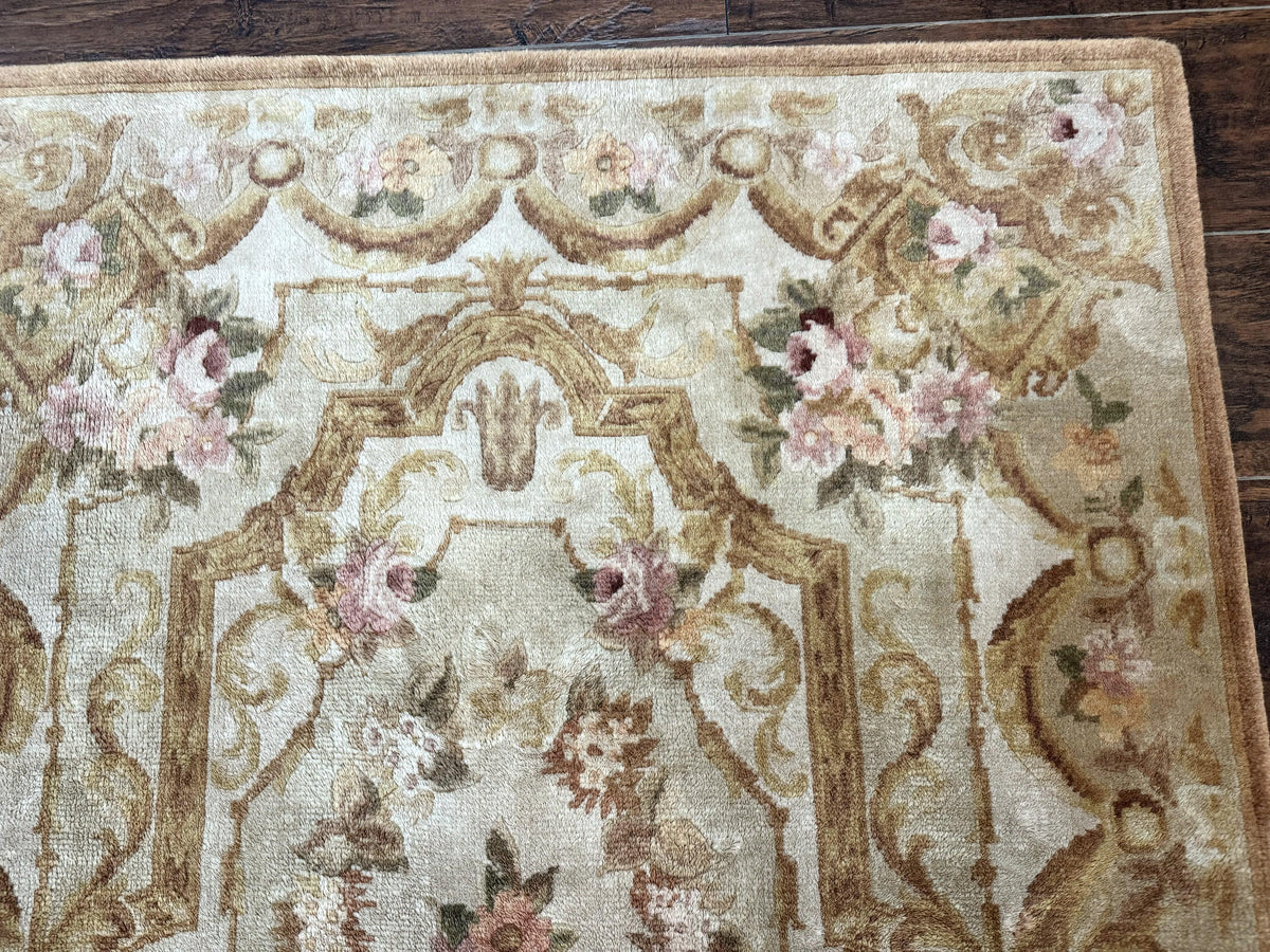 Chinese Aubusson Rug 3.6 x 5, Beige and Gold, Handmade Vintage Elegant European Design Carpet, Plush Wool, Handmade - Jewel Rugs, view 8
