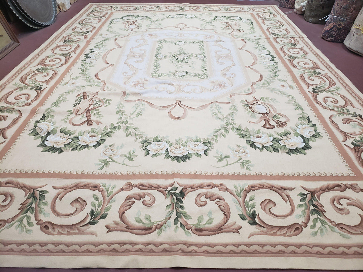 Elegant Aubusson Rug 10 x 14, Cream and Ivory Simple Aubusson Floral Carpet, Hand-Woven, European, New Aubusson Rug, Wool Area Rug, Violins - Jewel Rugs, view 2