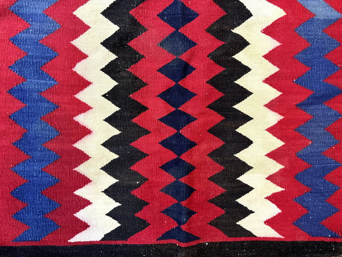 Antique Navajo Rug 3.7 x 2.8, Red Ivory Blue, Zig Zag Pattern, Handmade, Wool - Jewel Rugs, view 5