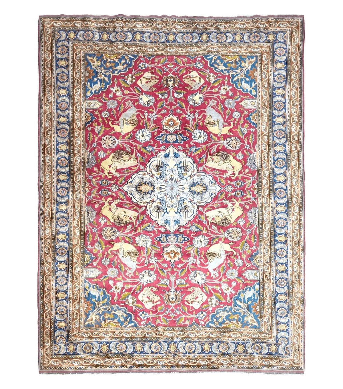 Antique Turkish Sivas Area Rug 8x11, Hand-Knotted, Vintage Red Wool Carpet, Gazelles Lions, Boteh Border, 8' x 11' Top Quality Oriental Rug - Jewel Rugs