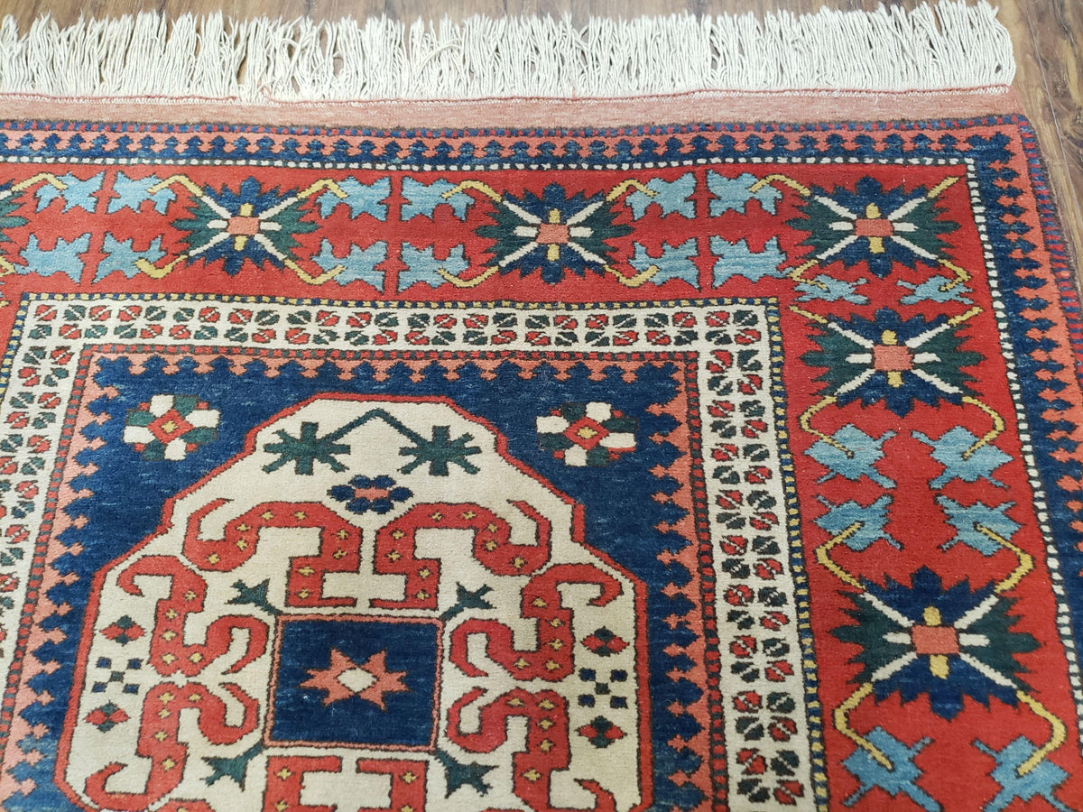Turkish Kazak Rug 5x6 Vintage Handmade Wool Carpet Geometric Blue Red - Jewel Rugs, view 8