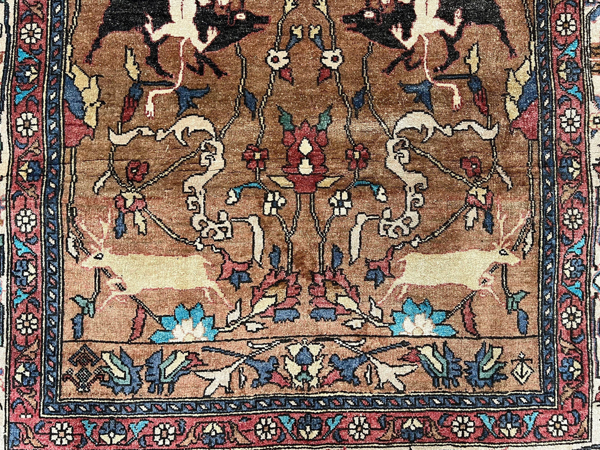 Unique Afghan Silk Rug 4x6, Hunting Pattern Animal Motifs, Light Brown and Cream, Persian Handwritten Poetry, Fine 1940s Oriental Carpet Wow - Jewel Rugs, view 6