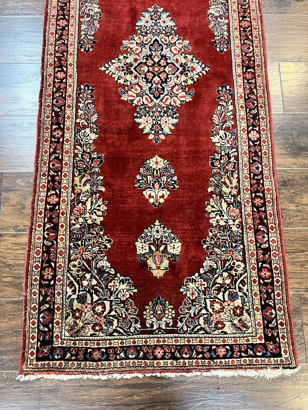 Persian Sarouk Runner Rug 2.7 x 6, Semi Open Field, Red, Handmade Hand Knotted, Wool Oriental Carpet, Vintage Semi Antique - Jewel Rugs, view 10