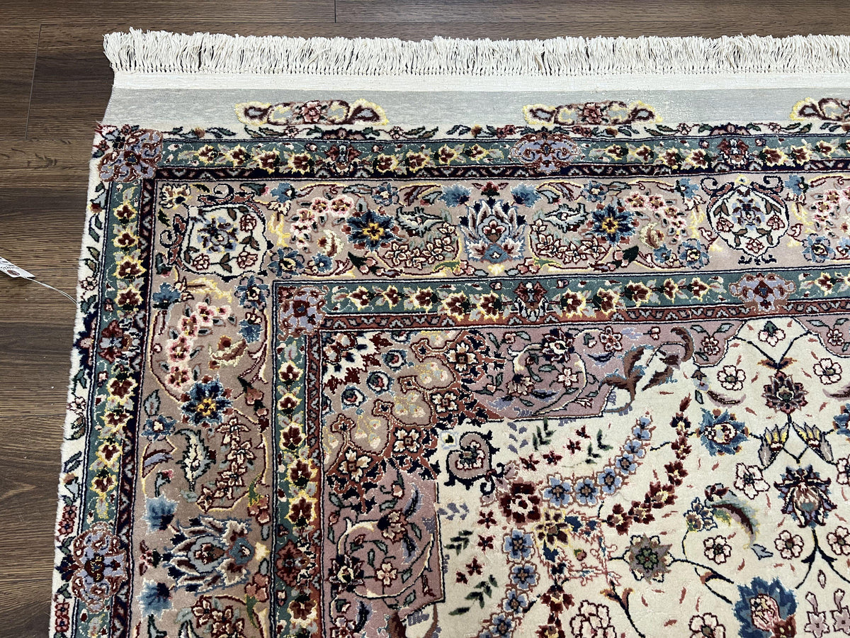 Beautiful Pak Persian Rug 6x9, Floral Medallion, Wool and Silk, Highly Detailed Elegant Carpet, Vintage Oriental Rug 6 x 9, Cream and Gray - Jewel Rugs, view 6