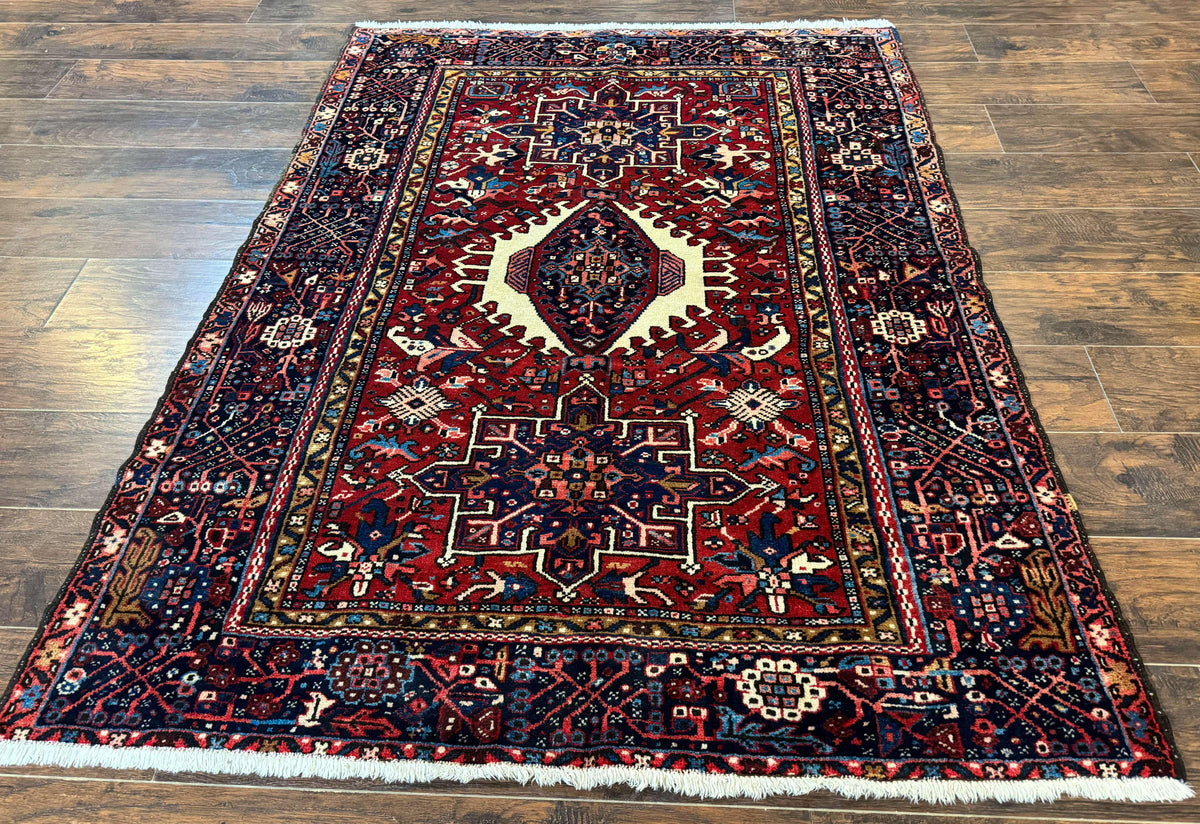 Persian Karajeh Rug 5x6, Antique Heriz Carpet, Geometric, Persian Tribal Rug, Brick Red Navy Blue - Jewel Rugs, view 2