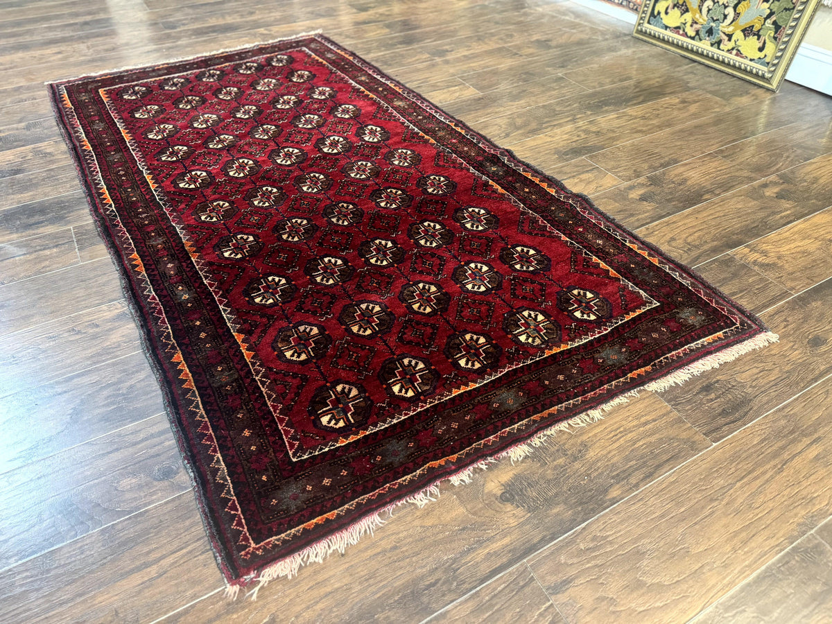 Persian Turkoman Tribal Rug 4x8, Handmade Vintage Wool Carpet, Red, Bohemian Rug - Jewel Rugs, view 3