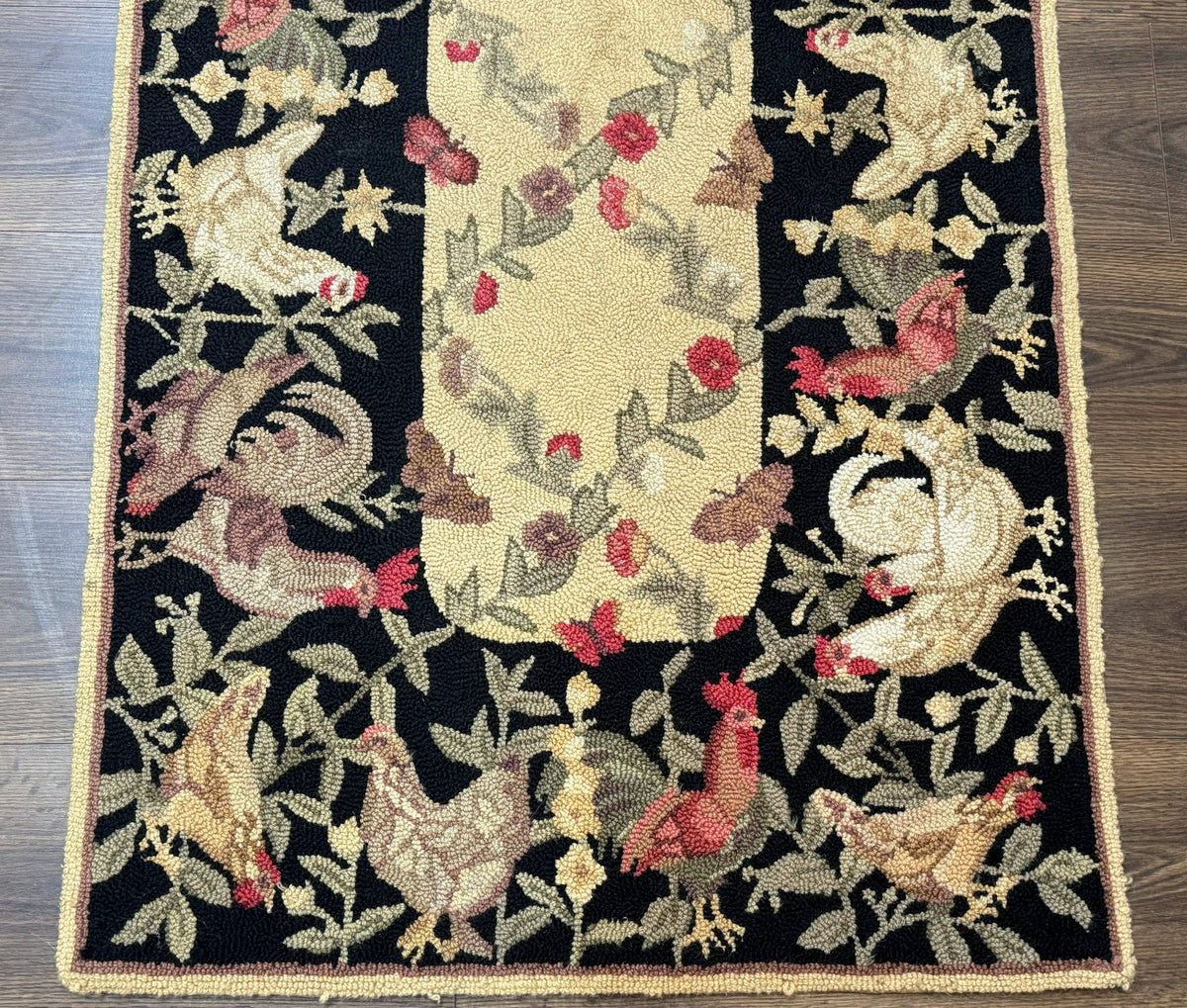 Small Vintage Hooked Rug, Roosters, Handmade, Wool - Jewel Rugs, view 6