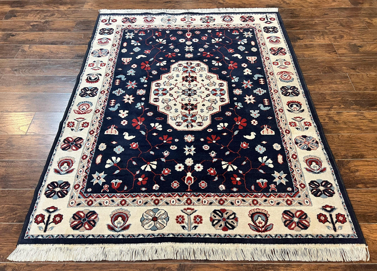 Belgium Power Loomed Rug 5.6 x 7, Navy Blue and Ivory, Heriz Pattern, Vintage Oriental Carpet - Jewel Rugs, view 2