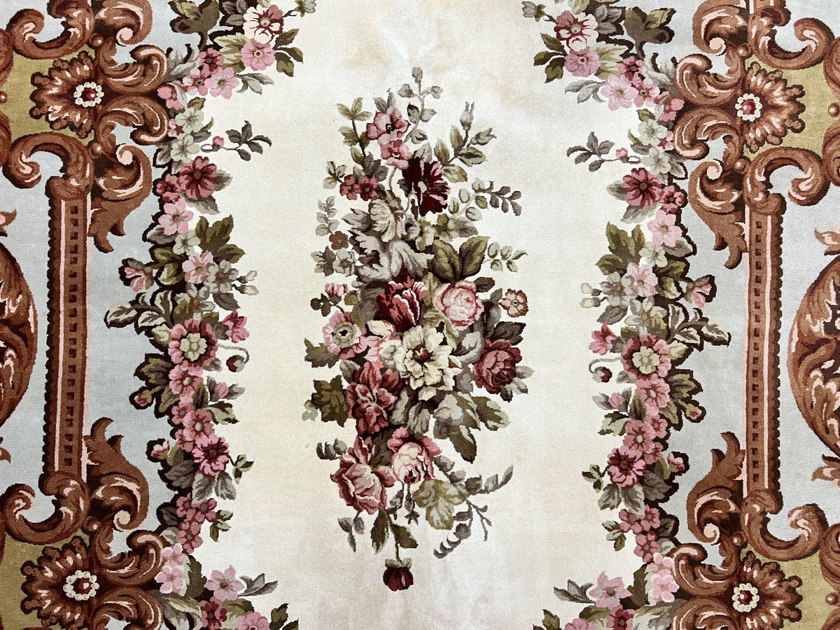 Aubusson Rug 10x13, Cream and Light Mint Green Hand Knotted Handmade French Savonnerie European Carpet, Wool Pile, Large Room Sized Vintage - Jewel Rugs, view 12