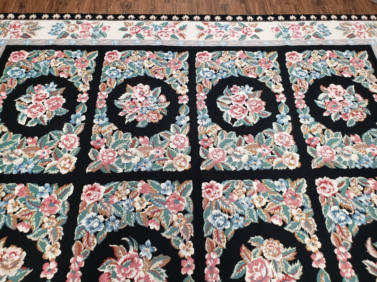 Floral Needlepoint Rug 9.5 x 13.6, Floral Panel Design, Black and Ivory Flatweave Aubusson Carpet, Multicolor - Jewel Rugs, view 4