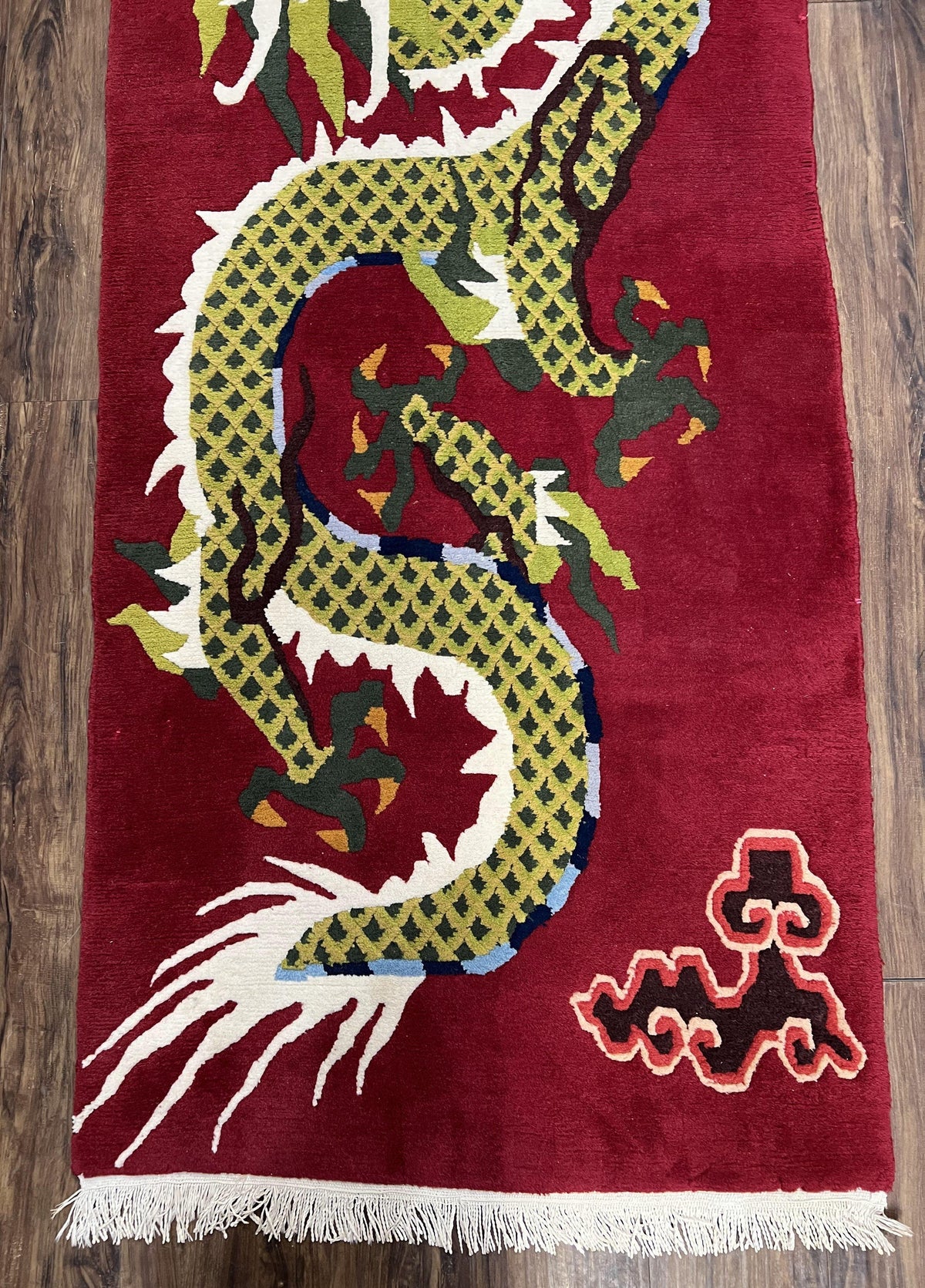 Vintage Chinese Dragon Rug 3 x 6.8, Handmade Hand Knotted Red Chinese Carpet with Gold Dragon, Art Deco Peking Soft Chinese Rug Runner - Jewel Rugs, view 6
