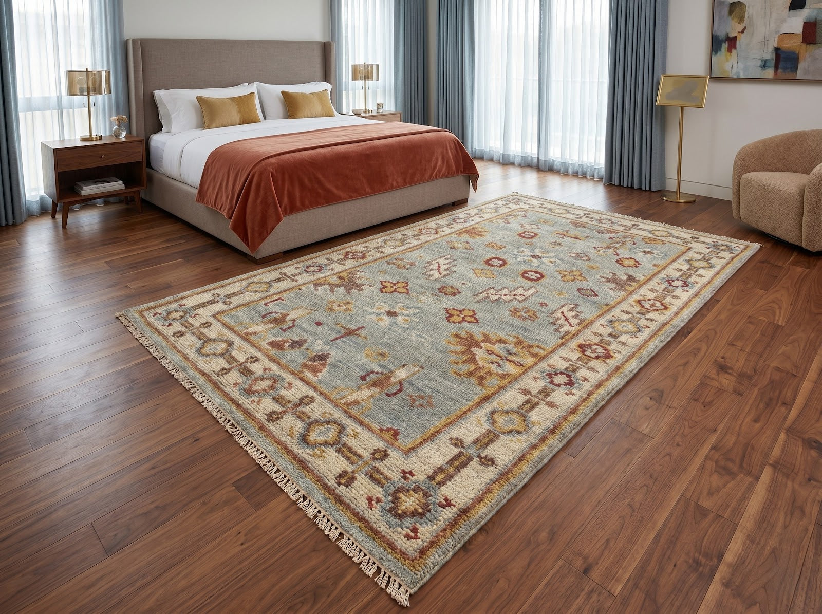 Vintage Oushak Hand Knotted New Zealand Wool Rug | Light Blue & Ivory Turkish Floral Area Rug — 2x3 ft'