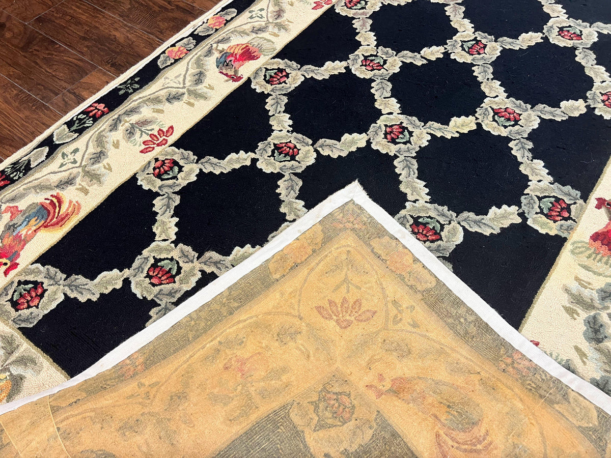 Hooked Rug 5x8, European Aubusson Pattern, Black and Ivory, Roses & Roosters, Vintage Wool Rug - Jewel Rugs, view 12