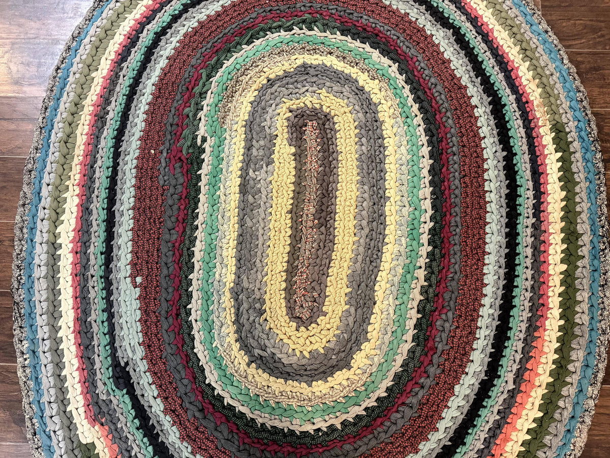 Antique American Braided Rug 5x7, Oval Multicolor Handmade Wool Braided Carpet - Jewel Rugs, view 10