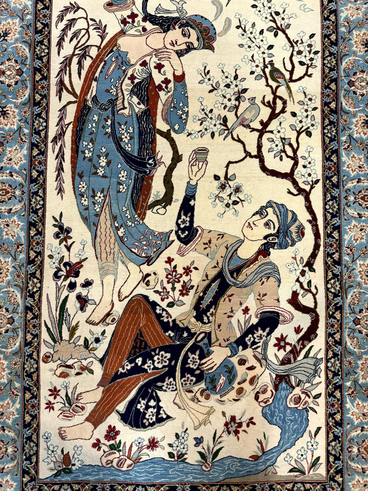 Persian Isfahan Pictorial Rug, Two Lovers, Kork Wool on Silk Foundation, Ivory and Light Blue, 500 KPSI Super Fine - Jewel Rugs, view 5