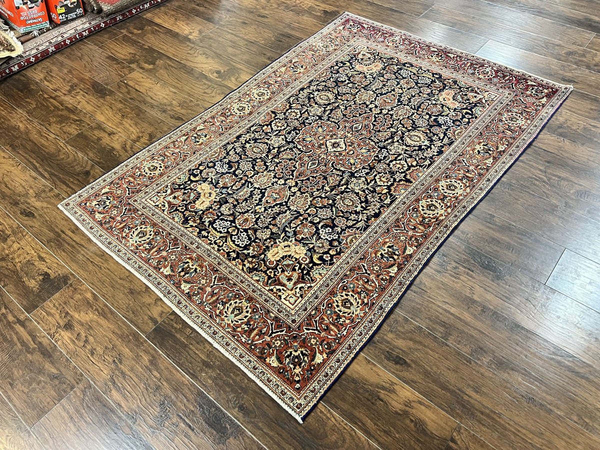Persian Kashan Rug 4x7, Floral Medallion Vintage Handmade Hand Knotted Navy Blue & Red Wool Oriental Carpet, Highly Detailed Semi Antique Rug - Jewel Rugs, view 3