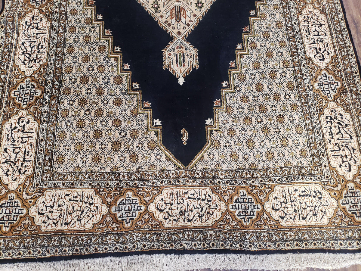 Persian Silk Qum Rug, Silk on Silk, Black Golden Brown and Beige, Hand-Knotted, 3'6" x 5' 5" - Jewel Rugs, view 5