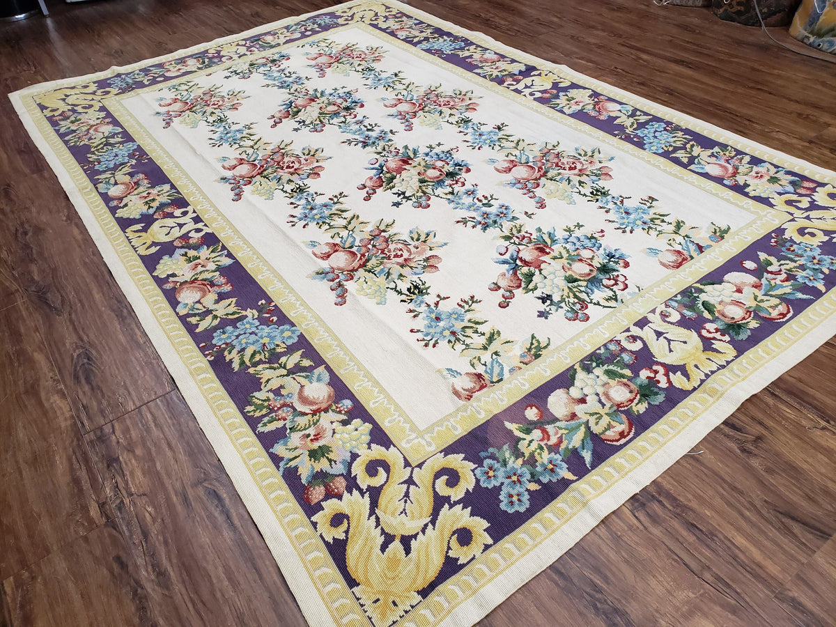 Vintage Chinese Floral Needlepoint Area Rug 6x9, Wool Hand-Woven Handmade Flatweave Rug, Ivory & Purple, Fruits Grapes Apples, Dining Room - Jewel Rugs, view 13