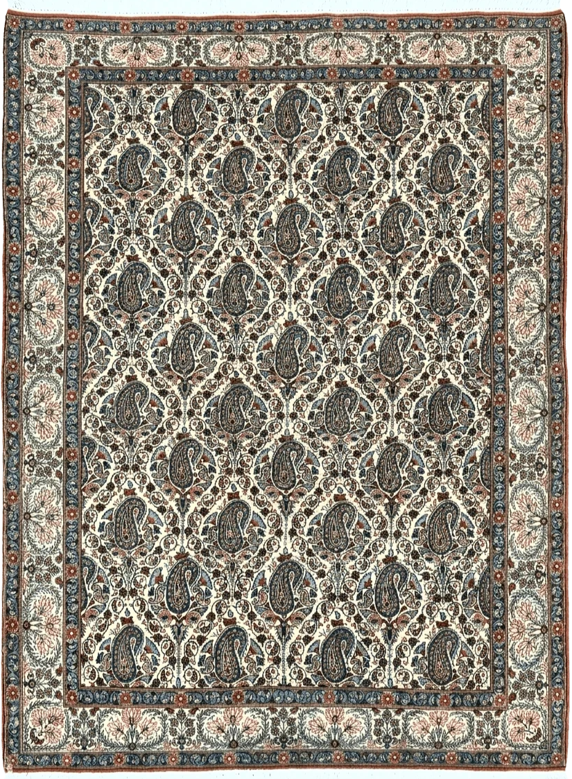 Persian Qum Rug 5x6, Cream Wool Hand Knotted Carpet, Repeated Boteh Paisely Design, Semi Antique Vintage Rug, Very Fine Weave 5 x 6 Rug - Jewel Rugs