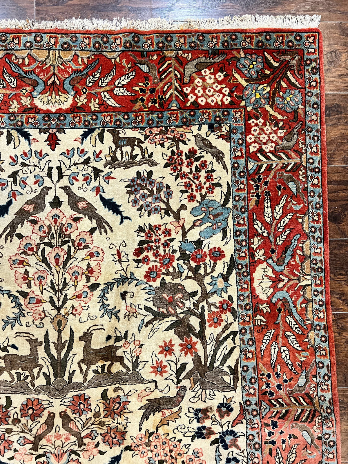 Persian Tree of Life 5x7, Qum Rug, Animal Motifs, Deer Birds, Fine 225 KPSI, Semi Antique Wool Rug, Cream Red - Jewel Rugs, view 7