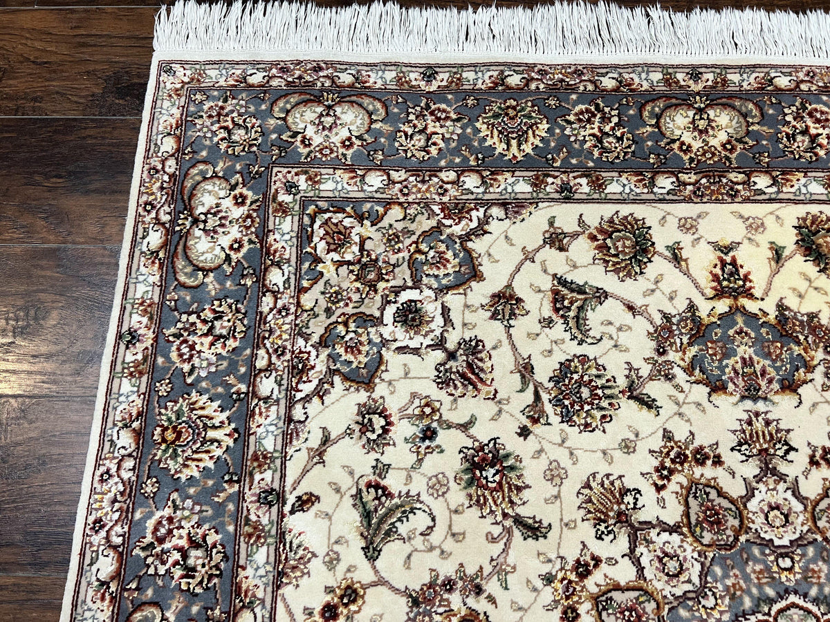 Sino Persian Square Rug 5x5, Very Fine Oriental Carpet, Wool & Silk Highlights, Ivory, Hand Knotted Handmade Vintage Traditional Rug - Jewel Rugs, view 7
