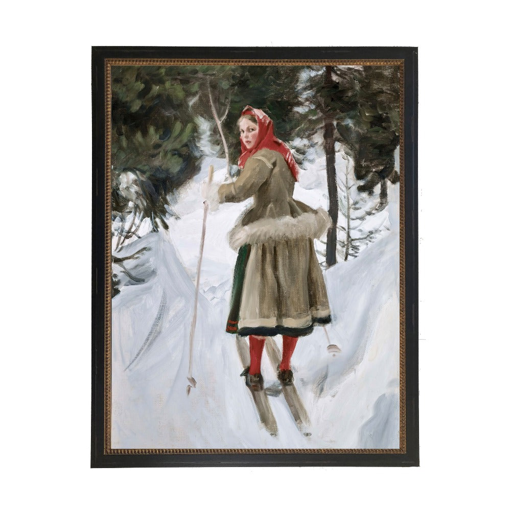 Vintage Oil Painting of Woman Skiing - Antique Curiosities