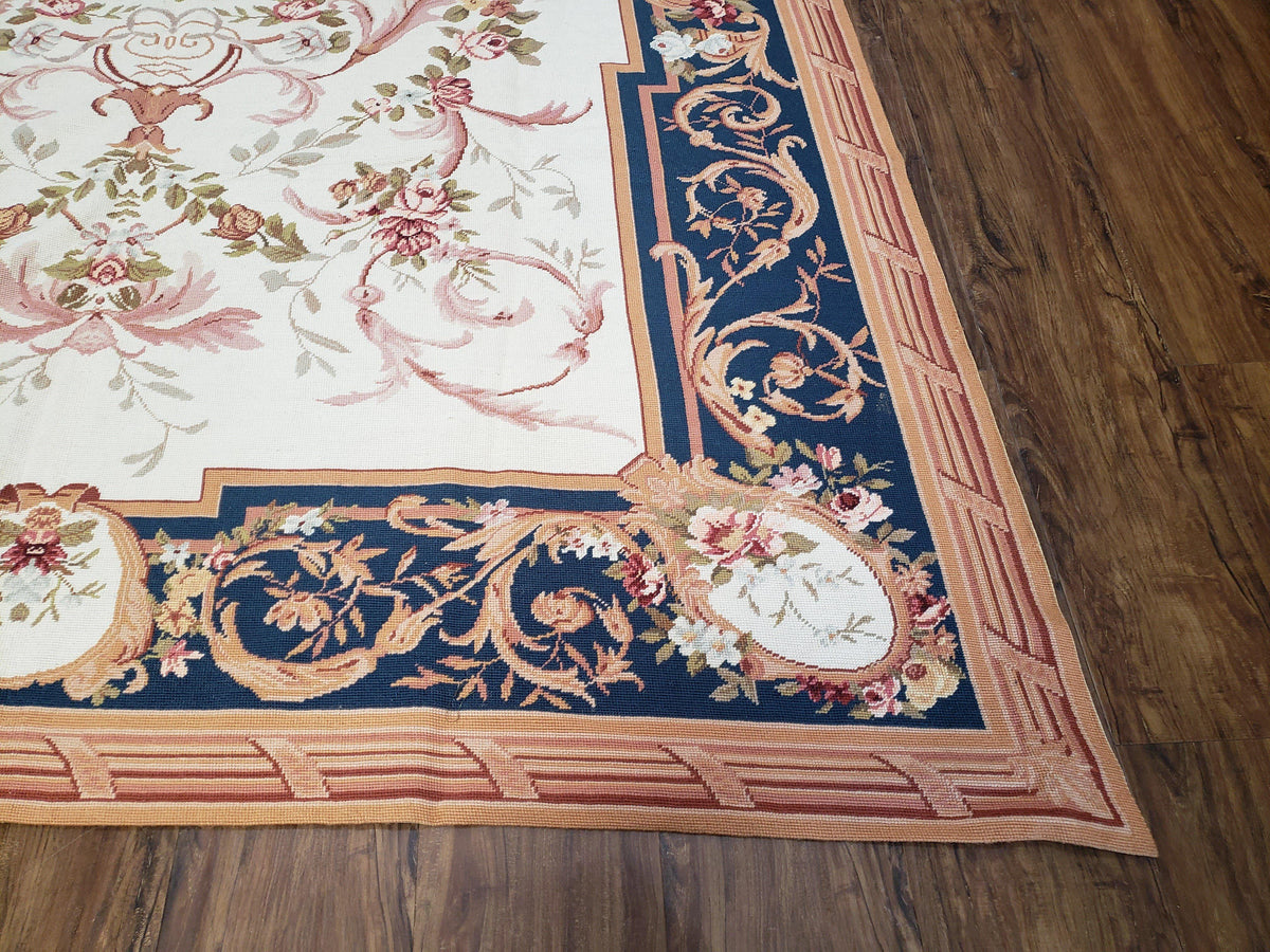 Chinese Aubusson Savonnerie Area Rug 6x8, Vintage Hand-Woven Needlepoint Rug, Flat Weave Handmade Wool Carpet Living Room Ivory & Navy Blue - Jewel Rugs, view 9
