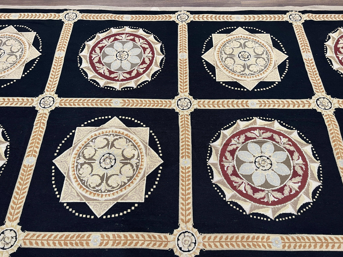 Large Needlepoint Rug 10x13, Panel Design, Black and Beige, Wool Needlepoint Carpet 10 x 13, English Garden, Handwoven Area Rug, Living Room - Jewel Rugs, view 4