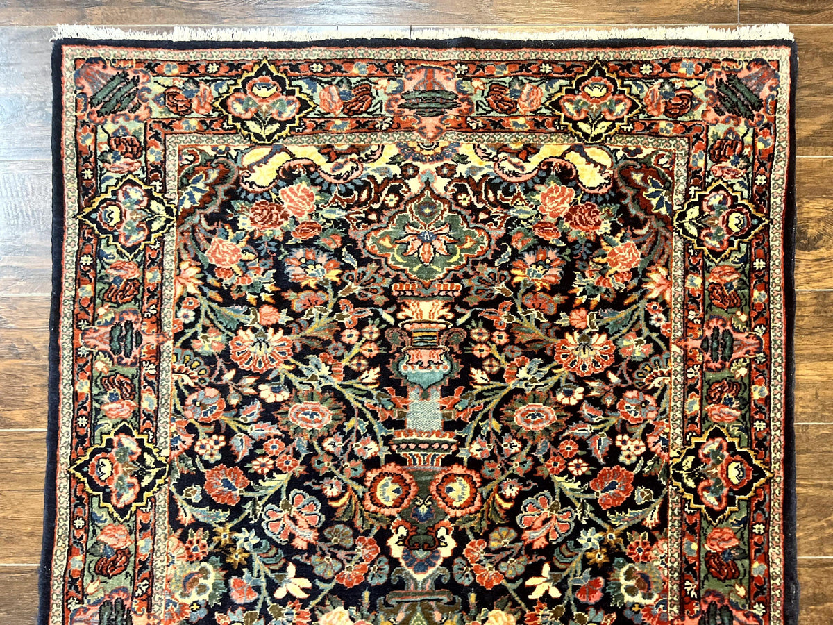 Persian Saoruk Rug 4x5, Navy Blue and Red, Floral, Antique Persian Wool Carpet, Handmade - Jewel Rugs, view 4