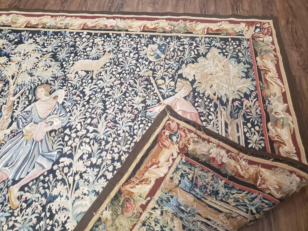 Vintage European Tapestry 5.4 x 7.11, Antique Style European Wall Hanging, Aubusson Weave Handmade Tapestry, Courtship Dating Scene, Animals - Jewel Rugs, view 9