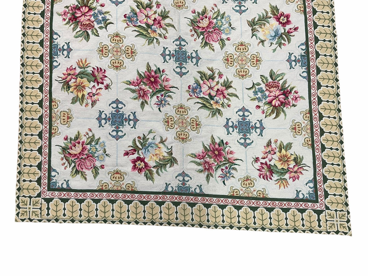 Hand-Knotted Needlepoint Carpet 6x9, Ivory/Cream Background, Colorful Flowers, Yellow Border, Aubusson Rug 6 x 9, New, Handmade - Jewel Rugs, view 9