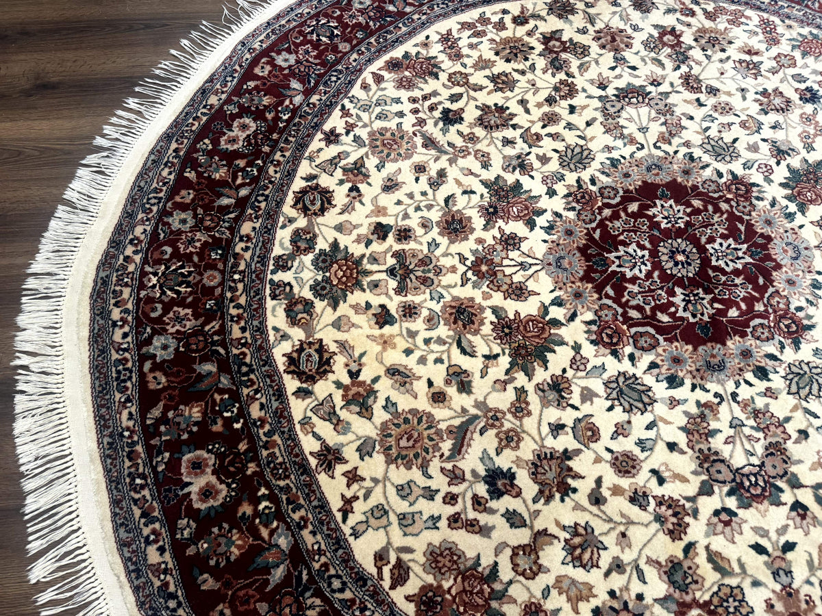 Round Sino Persian Rug 8x8, Wool and Silk, Floral Medallion, Ivory Dark Red - Jewel Rugs, view 6