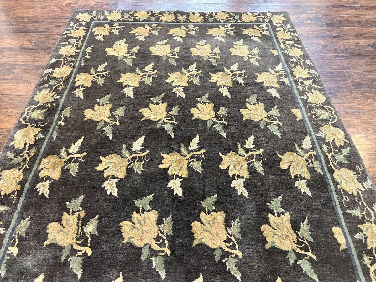 Tibetan Nepal Rug 6x9, Wool Hand Knotted Vintage Carpet 6 x 9, Dark Green & Golden Yellow, Floral Bouquets - Jewel Rugs, view 5
