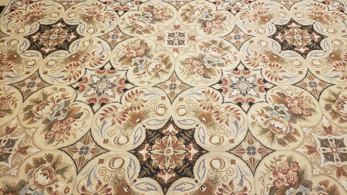 Needlepoint Rug 8x10ft Allover European Design Flowers 100% Wool Hand Knotted Aubusson Area Rug Brand New Flatweave Needle Point Carpet Chic - Jewel Rugs, view 5