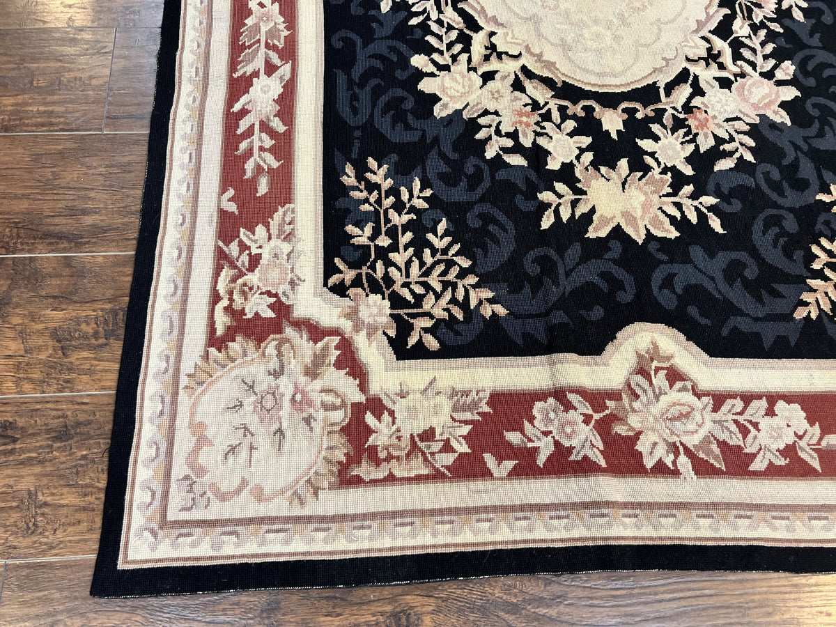 Needlepoint Rug 5x8, Wool Handmade Vintage European Design Carpet, Black & Maroon, French Aubusson Pattern Flatweave Rug - Jewel Rugs, view 9