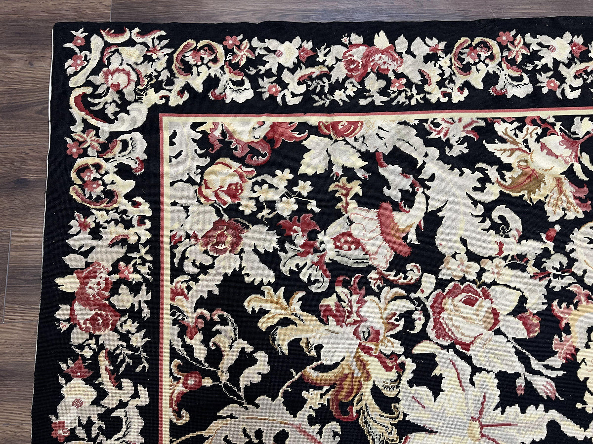 Wool Needlepoint Rug 9x12, William Morris Vintage Chinese Needlepoint Carpet 9 x 12, Handwoven, Allover Floral Area Rug, Black Light Green - Jewel Rugs, view 6