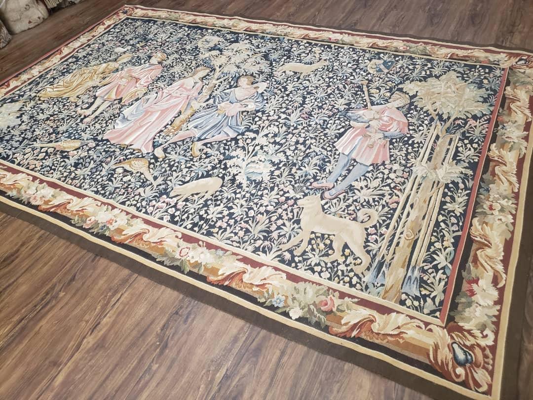 Vintage European Tapestry 5.4 x 7.11, Antique Style European Wall Hanging, Aubusson Weave Handmade Tapestry, Courtship Dating Scene, Animals - Jewel Rugs, view 2