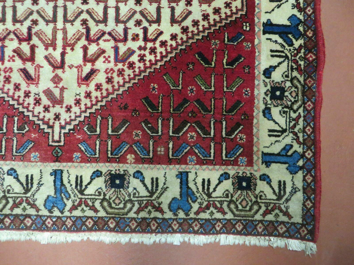3' X 5' Vintage Handmade India Geometric Oriental Wool Rug Nice Birds Ivory Red - Jewel Rugs, view 10