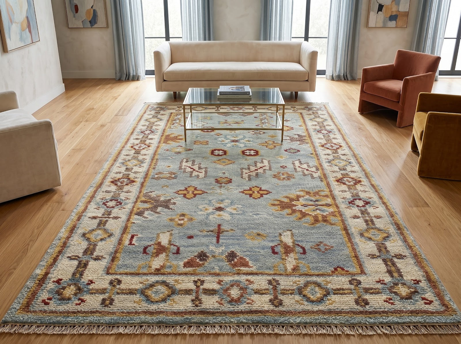 Vintage Oushak Hand Knotted New Zealand Wool Rug | Light Blue & Ivory Turkish Floral Area Rug — 2x3 ft'