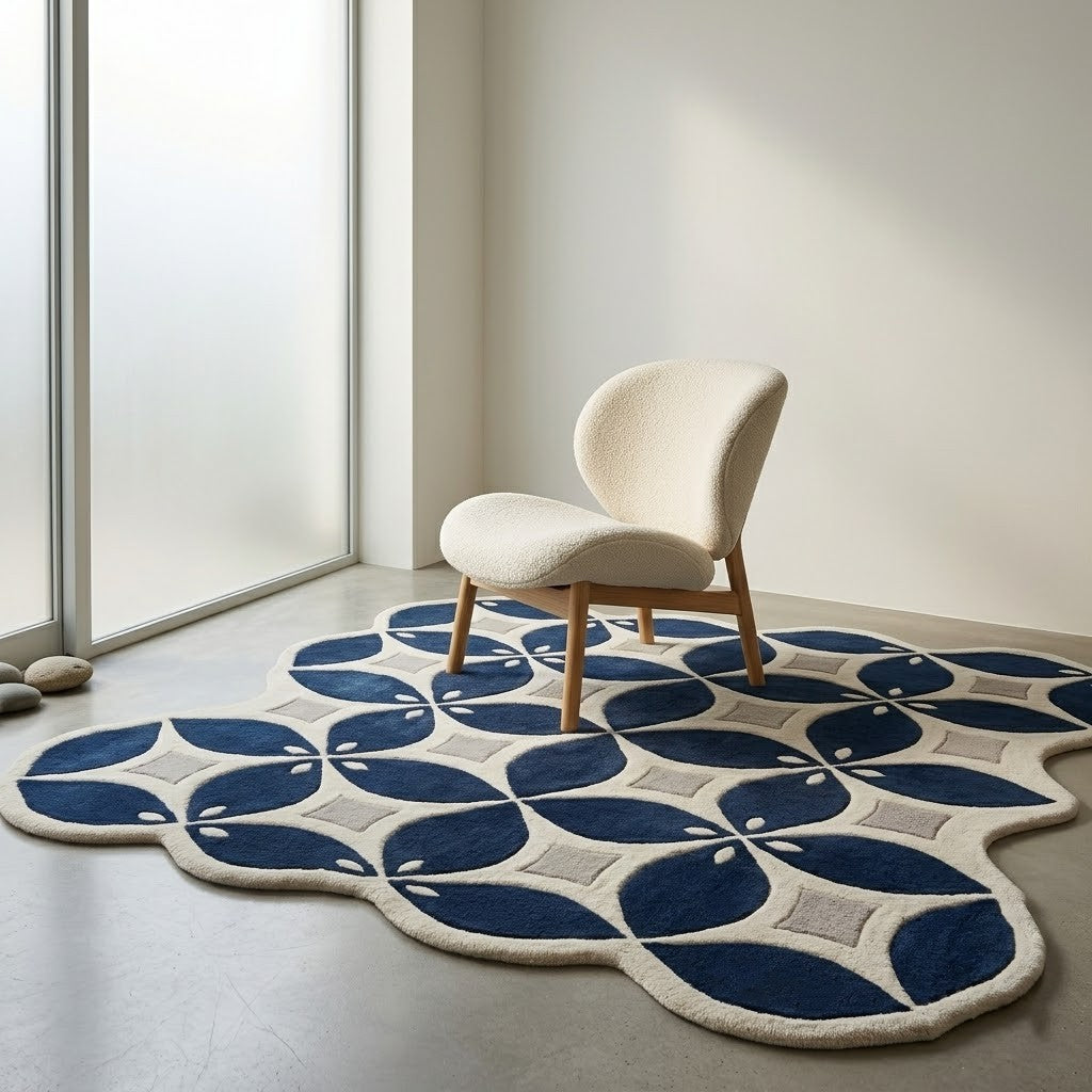 Navy Blue Geometric Hand Tufted Wool Rug | Irregular Trellis Area Rug — 2x3 ft'